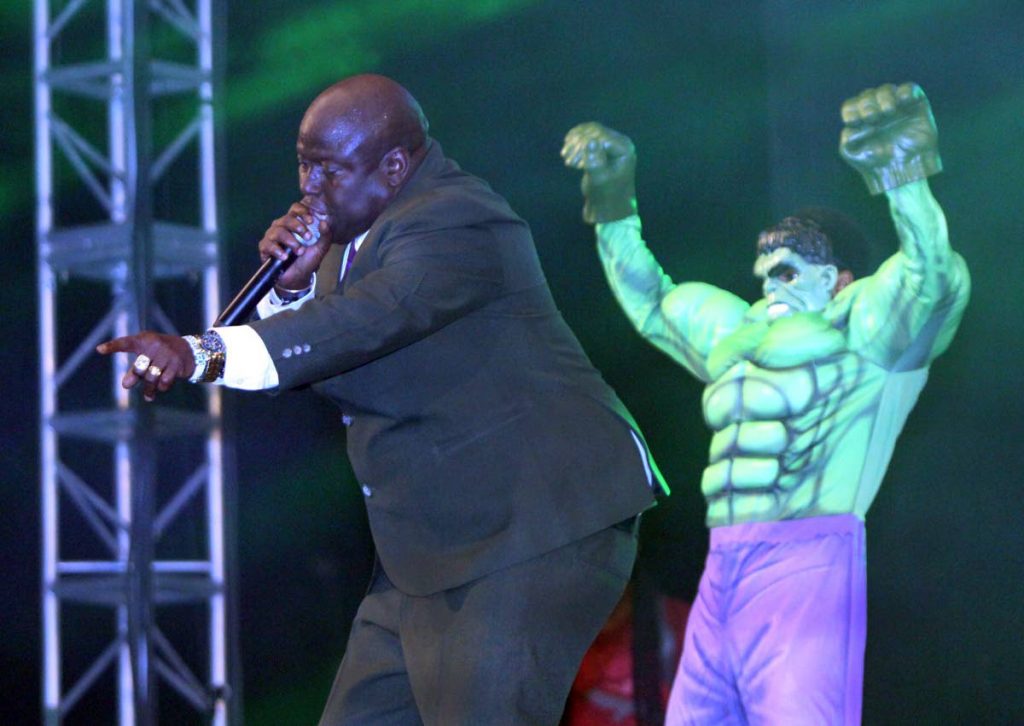 Hulk power: Hulk flexes his muscles as Dexter "Blaxx" Stewart sings of the power of inner strength during his second place performance at the International Soca Monarch final, Queen's Park Savannah, Port of Spain on Friday night. Photos by Angelo Marcelle