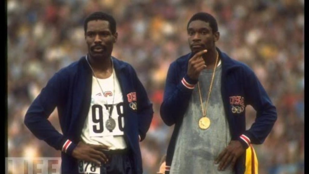 Wayne Collett (left) and Vince Matthews at the 400-metre Olympic ceremony at the 1972 Games in Munich, Germany. -