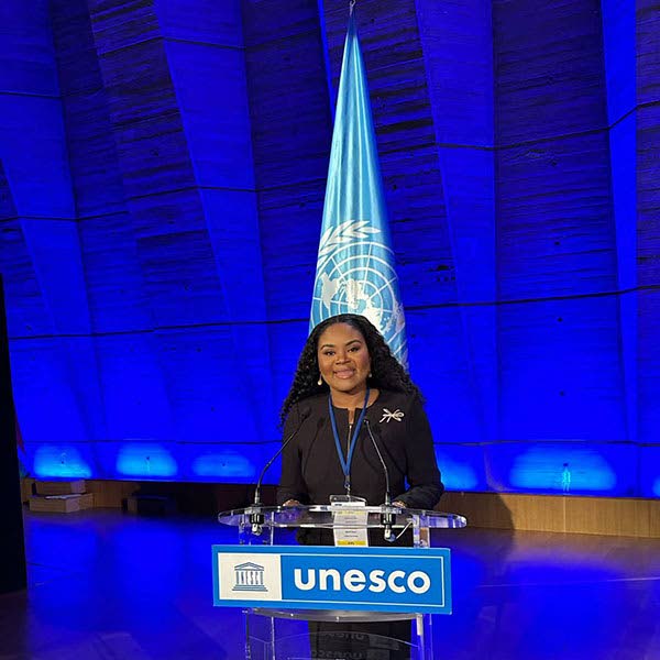 Minister of Sport and Community Development Shamfa Cudjoe-Lewis at the 9th session of the Conference of Parties (COP9) to the UNESCO International Convention against Doping in Sport at the UNESCO Headquarters in Paris. - Courtesy Ministry of Sport and Community Development (Image obtained at newsday.co.tt)