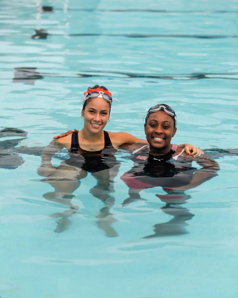 Miss World TT Anna-Lise Nanton, left, and I Choose Sport Brand Ambassador and paralympic swimmer Shanntol Ince get ready for swimming lessons with children from the Credo Foundation for Justice and the St Jude’s Girls’ community residences. - Photo courtesy SporTT (Image obtained at newsday.co.tt)