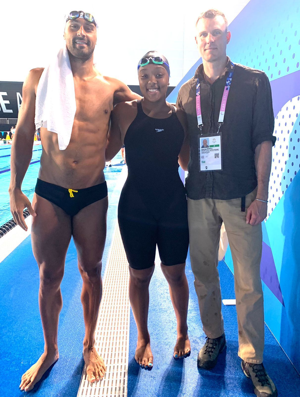 T&T Paris Olympians swimmers Dylan Carter, from left, Zuri Ferguson and former Olympic bronze medal winner and five-time Olympian at the Paris, France. (Image obtained at guardian.co.tt)