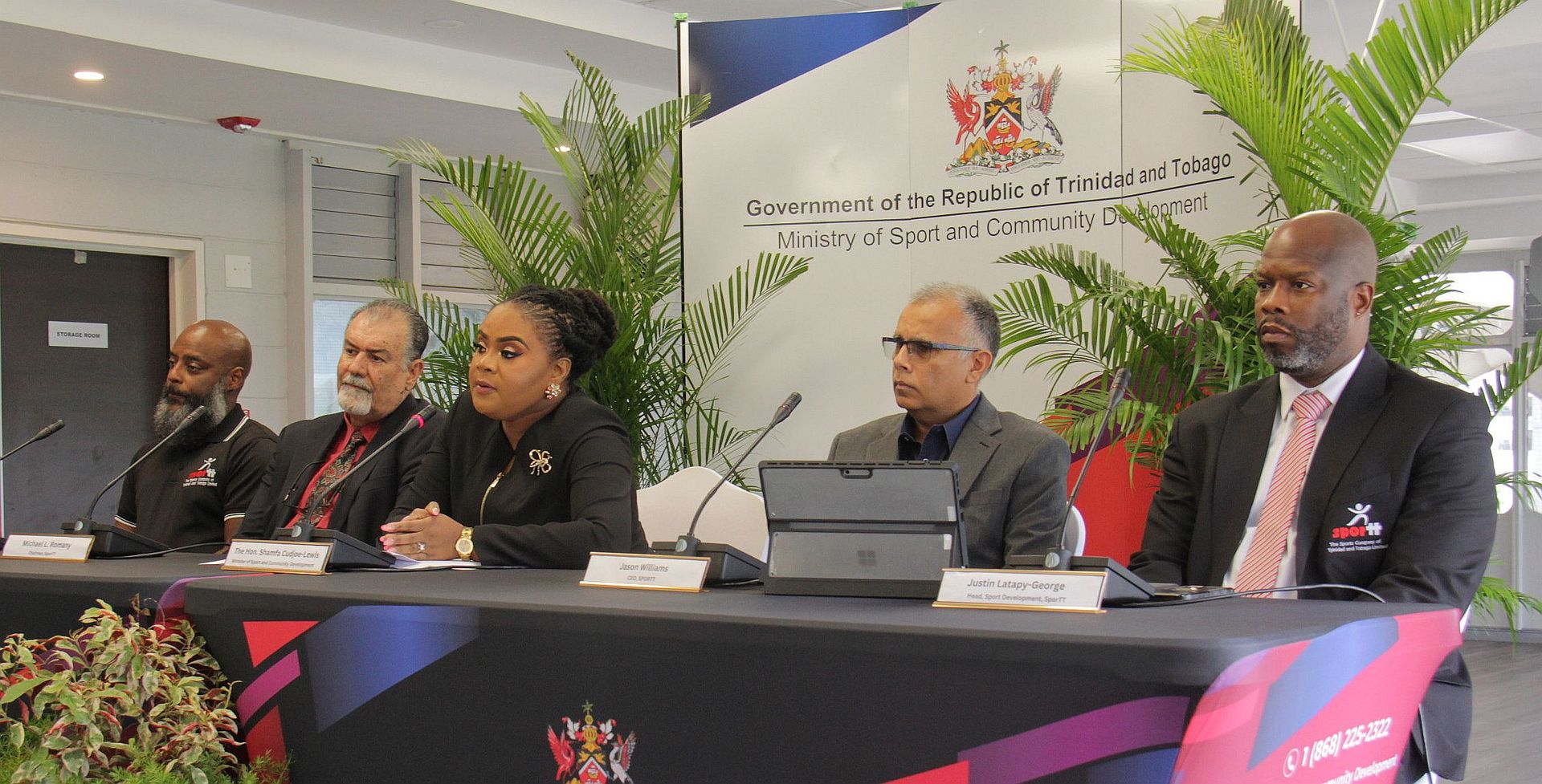 Head of Elite Performance & Wellbeing, SportTT, Tobias Ottley, from left, chairman of SportTT Larry Romany, Minister of Sport and Community Development Shamfa Cudjoe-Lewis, CEO-Sport Company Jason Williams and head of Sports Development, SportTT, Justin Latapy-George, during the press conference at the VIP Room of the Hasely Crawford Stadium, Port-of-Spain, yesterday.  VASHTI SINGH (Image obtained at guardian.co.tt)